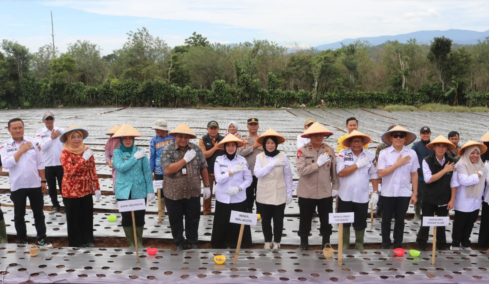 Hj. Bertha bersama Ketua TP PKK, Forkopimda, perwakilan Bank Indonesia, Dharma Wanita Persatuan, dan Kepala Dinas Pertanian turun langsung menanam bibit bawang merah