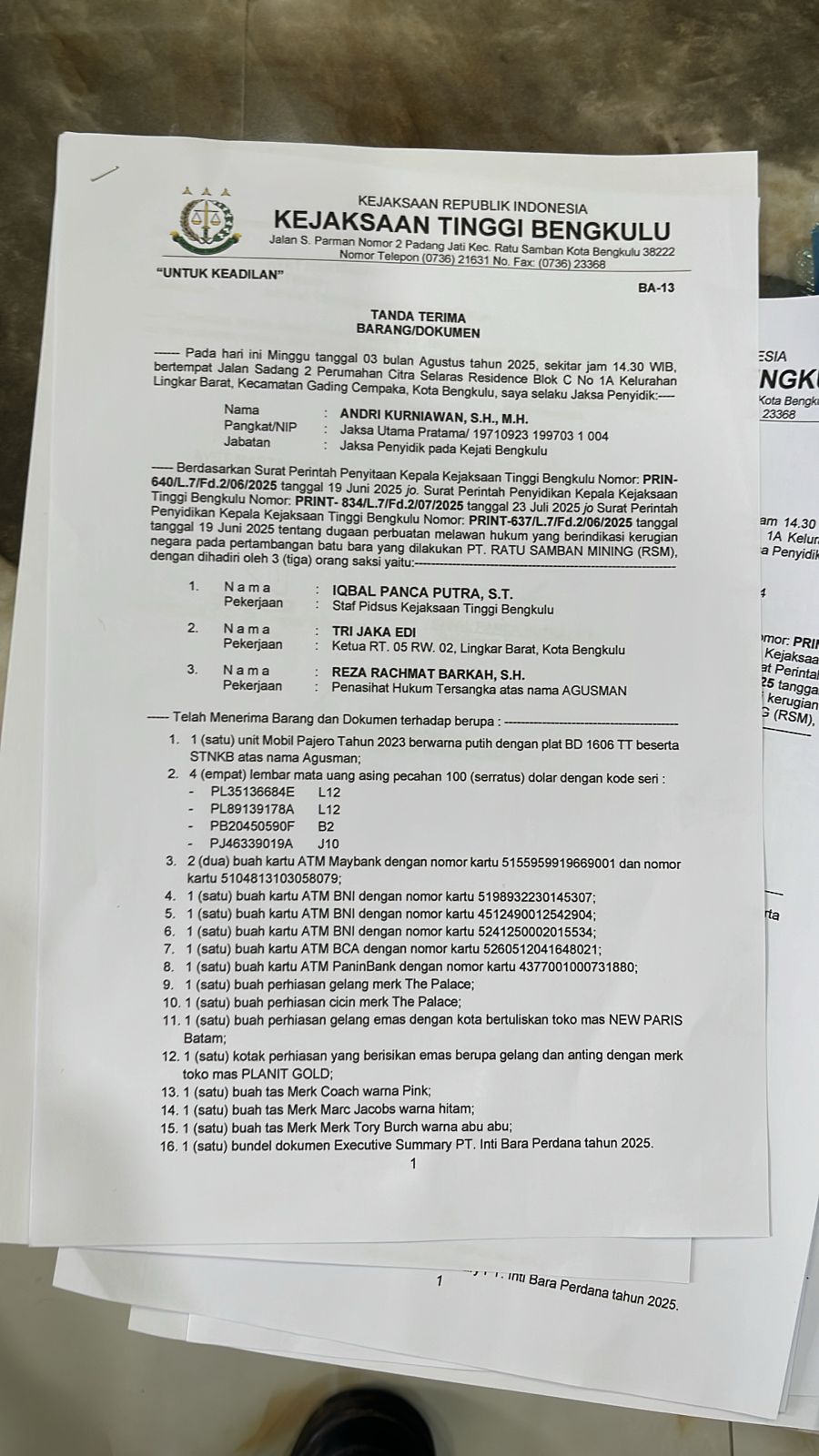 Tanda terima Penyitaan
