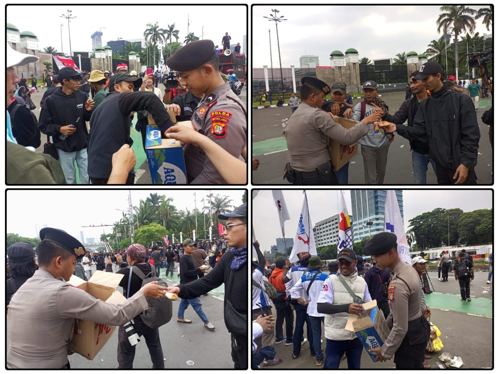 Personel Samapta Polda Metro Jaya lakukan aksi simpatik dengan membagikan air mineral dan roti kepada buruh saat demo di depan DPR/MPR.