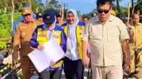 Gubernur Kepulauan Babel Hidayat Arsani meninjau jembatan putus di Desa Air Ruak, Belitung Timur.