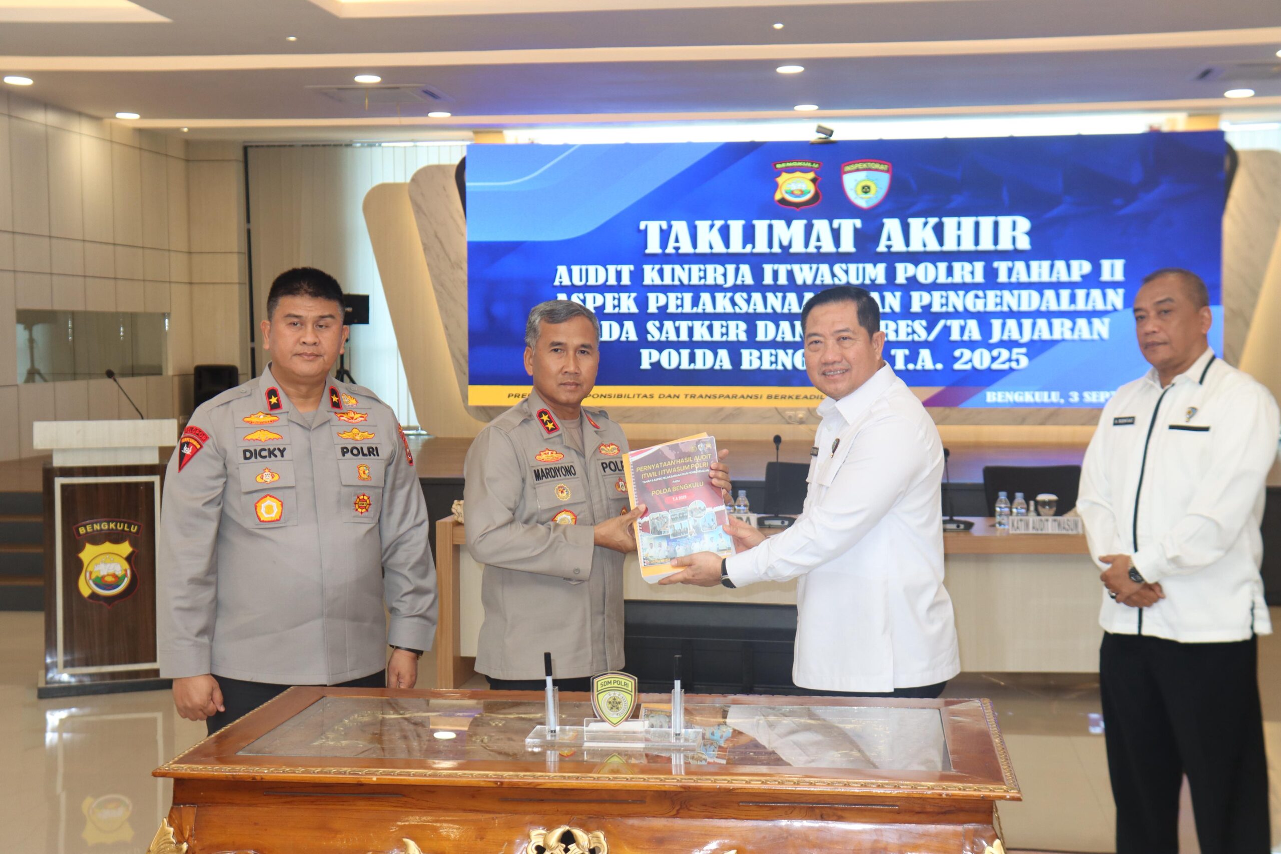 Kapolda Bengkulu Irjen Pol Mardiyono memimpin Taklimat Akhir Audit Kinerja Itwasum Polri Tahap II.
