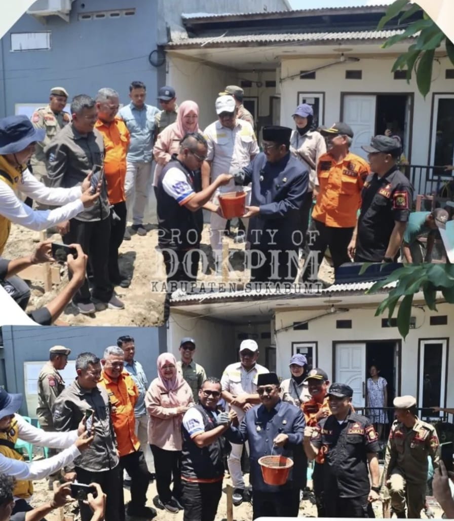Bupati Sukabumi H. Asep Japar meletakkan batu pertama pembangunan rumah panggung bagi warga terdampak bencana di Palabuhanratu.