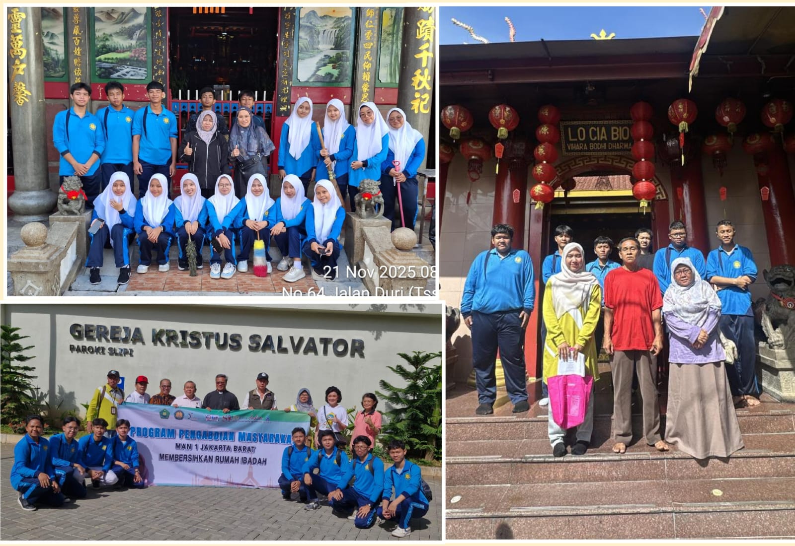 MAN 1 Jakarta Barat melaksanakan Program Pengabdian Masyarakat dengan membersihkan 94 rumah ibadah sebagai wujud toleransi dan moderasi beragama di Jakarta Barat.