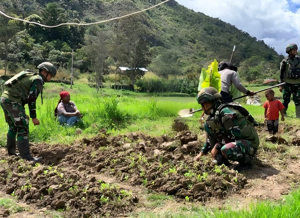 Satgas Yonif 521/DY membantu warga Distrik Bolakme membuka lahan berkebun