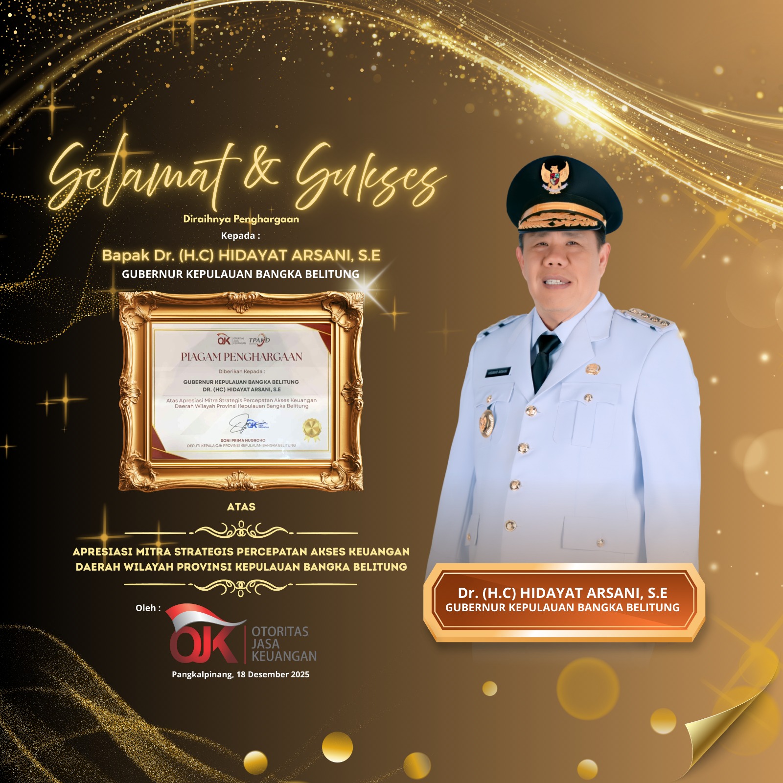 Gubernur Babel Hidayat Arsani menerima apresiasi OJK sebagai mitra strategis percepatan akses keuangan daerah melalui program TPAKD 2025.