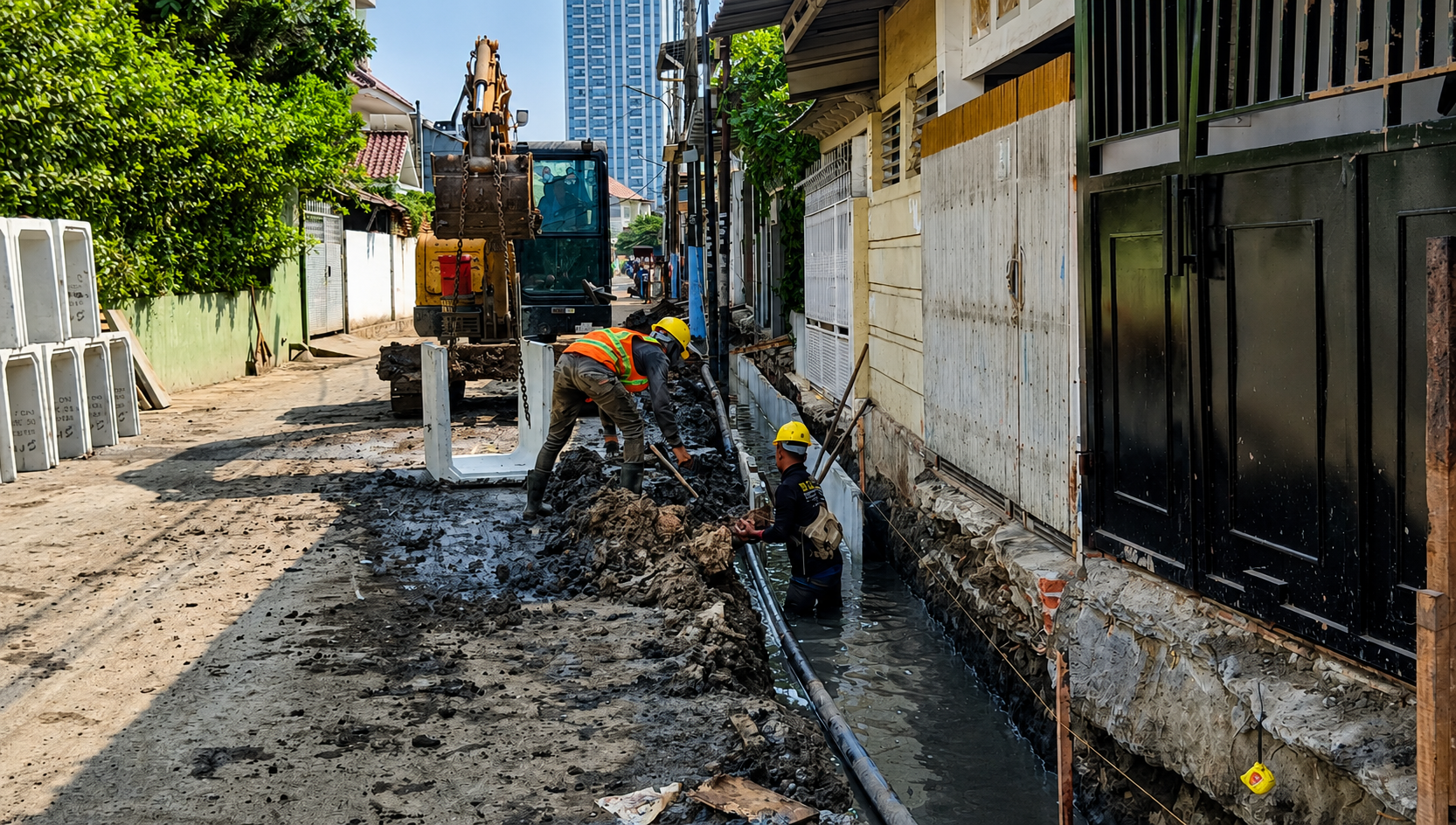 Proyek pembangunan saluran air yang dikerjakan Suku Dinas Sumber Daya Air (SDA) Jakarta Barat di Jalan Taman Ratu Raya Blok EE,