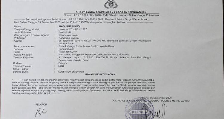 Peristiwa yang terjadi di wilayah Jelambar Baru, Jakarta Barat, pada Jumat (4/9/2026) sekitar pukul 22.30 WIB, berujung pada laporan kepolisian.