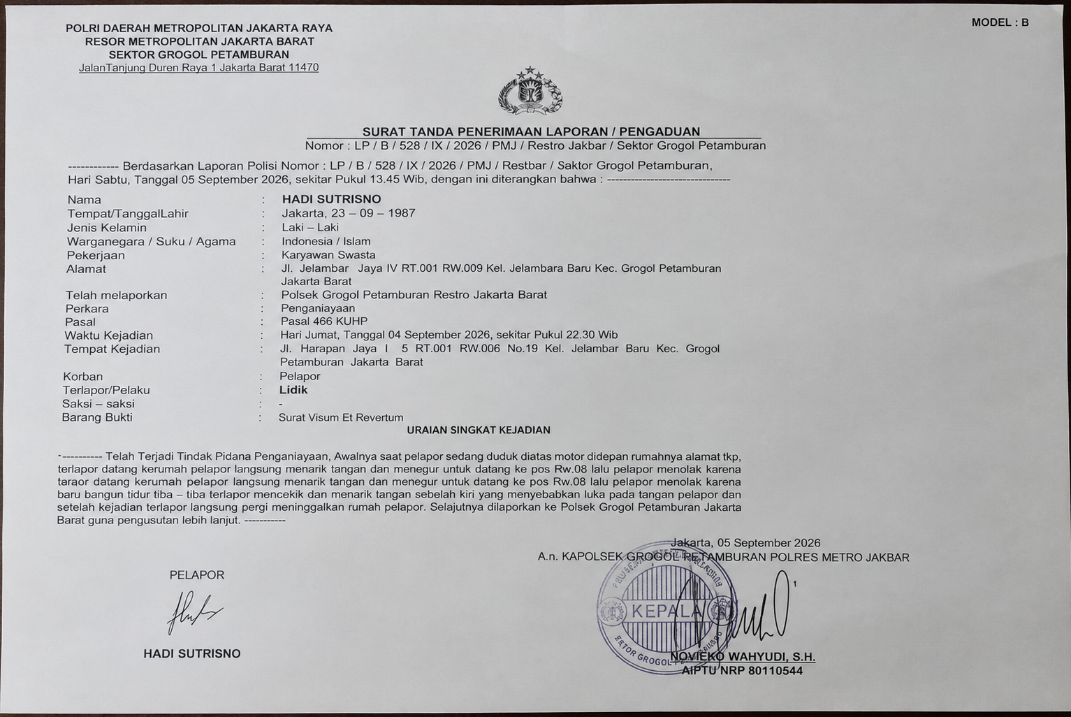 Peristiwa yang terjadi di wilayah Jelambar Baru, Jakarta Barat, pada Jumat (4/9/2026) sekitar pukul 22.30 WIB, berujung pada laporan kepolisian.