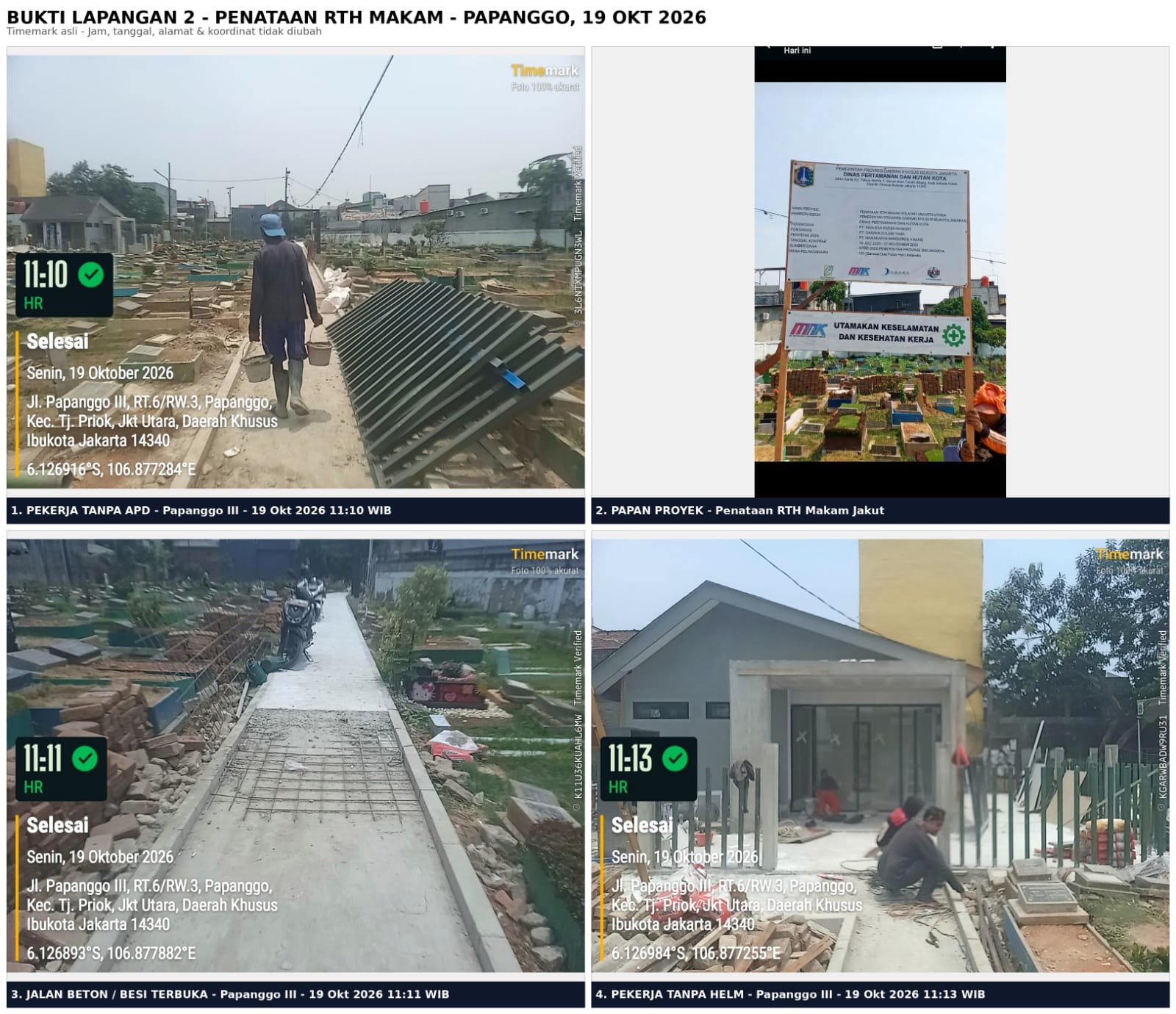 Proyek Penataan RTH Makam Wilayah Jakarta Utara di Jalan Papanggo III RT 006/RW 003, Kelurahan Papanggo, Kecamatan Tanjung Priok, menuai sorotan warga.