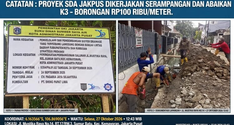 Proyek pembangunan saluran drainase di Jalan Mustika Raya, Kelurahan Sumur Batu, Kecamatan Kemayoran, Jakarta Pusat, menuai sorotan.