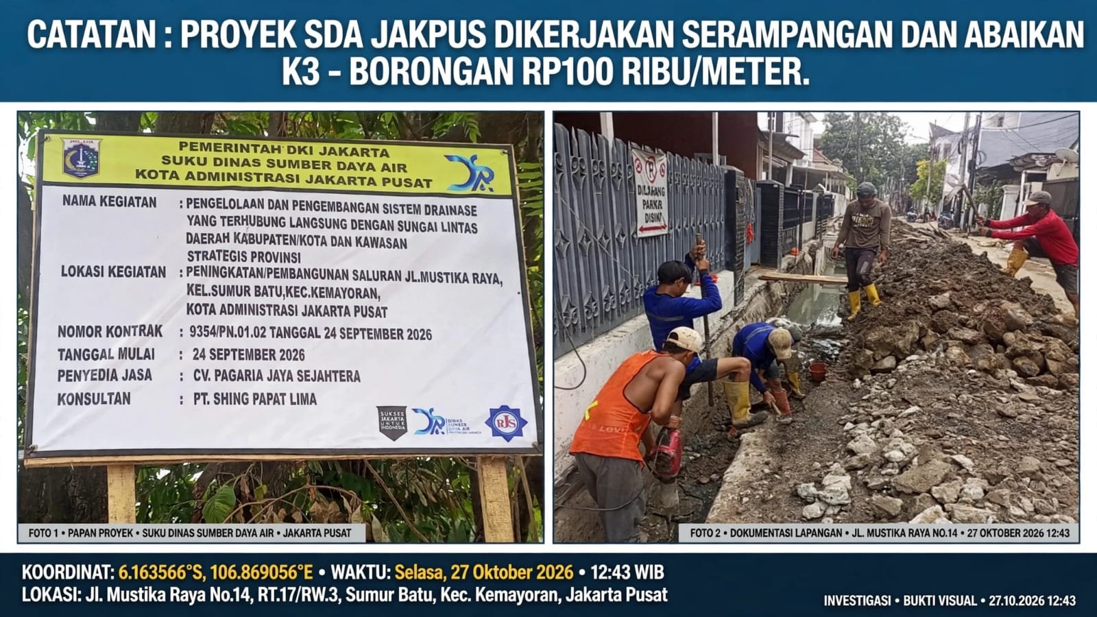 Proyek pembangunan saluran drainase di Jalan Mustika Raya, Kelurahan Sumur Batu, Kecamatan Kemayoran, Jakarta Pusat, menuai sorotan.